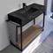 Modern Powder Room Console Vanity with Natural Brown Oak Shelf, Black Marble Style Sink, 43 Inch, Free Standing